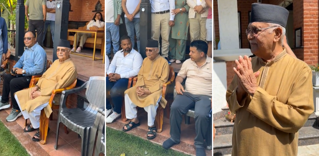 नेता–कार्यकर्तासँगै फोटो खिच्दै सार्वजनिक भए ओली, अगाडी–पछाडी बस्नेत
