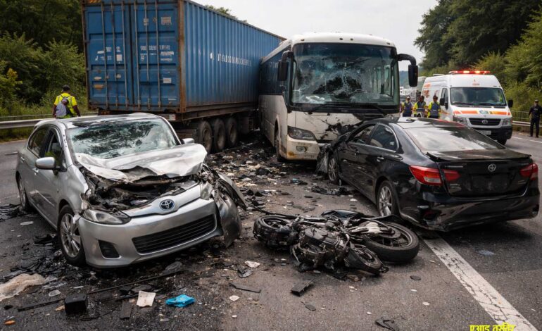 दाउन्नेमा पाँचवटा सवारीसाधन एकआपसमा ठोक्किए, आठ जना घाइते