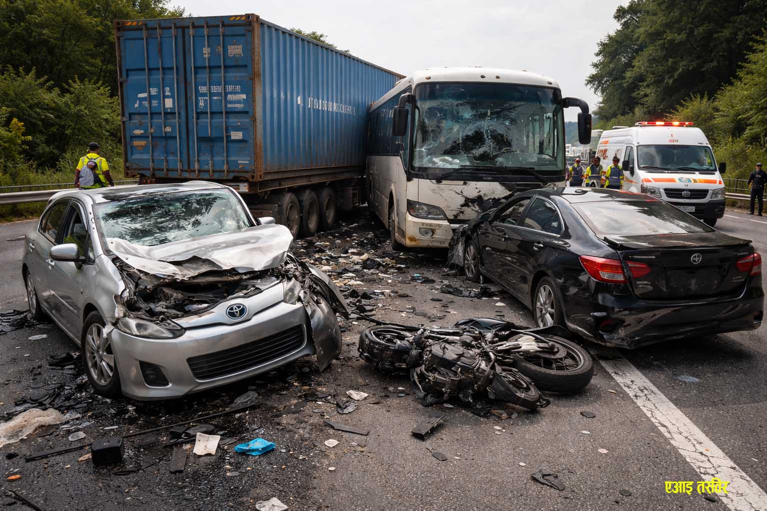 दाउन्नेमा पाँचवटा सवारीसाधन एकआपसमा ठोक्किए, आठ जना घाइते