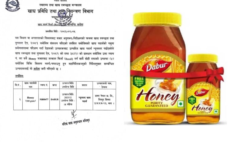 डाबर ब्राण्डको मह गुणस्तरहीन, तत्काल फिर्ता लिन निर्देशन