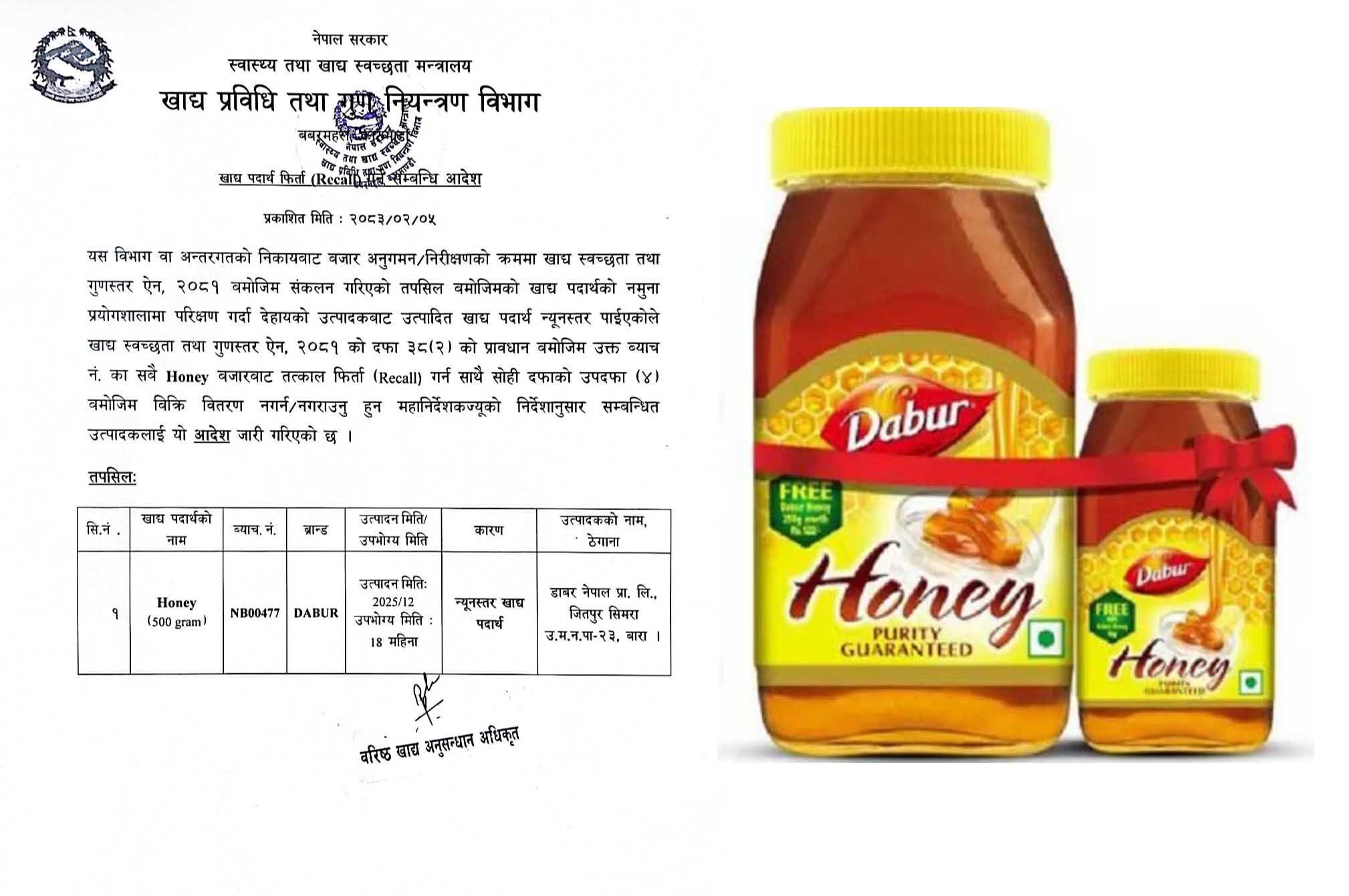 डाबर ब्राण्डको मह गुणस्तरहीन, तत्काल फिर्ता लिन निर्देशन