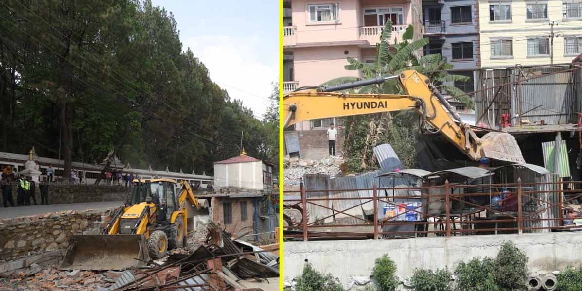 काठमाडौंका तीन ठाउँमा सुकुम्बासी खेदाउन चलिरहेको डोजर
